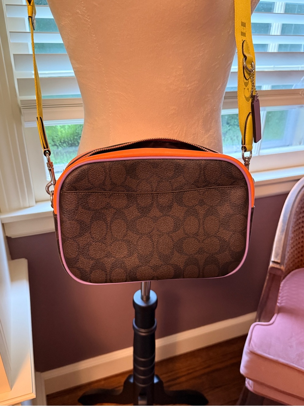 Coach Brown Signature Floral Crossbody with Yellow Strap and Orange Trim - Picture 4 of 6